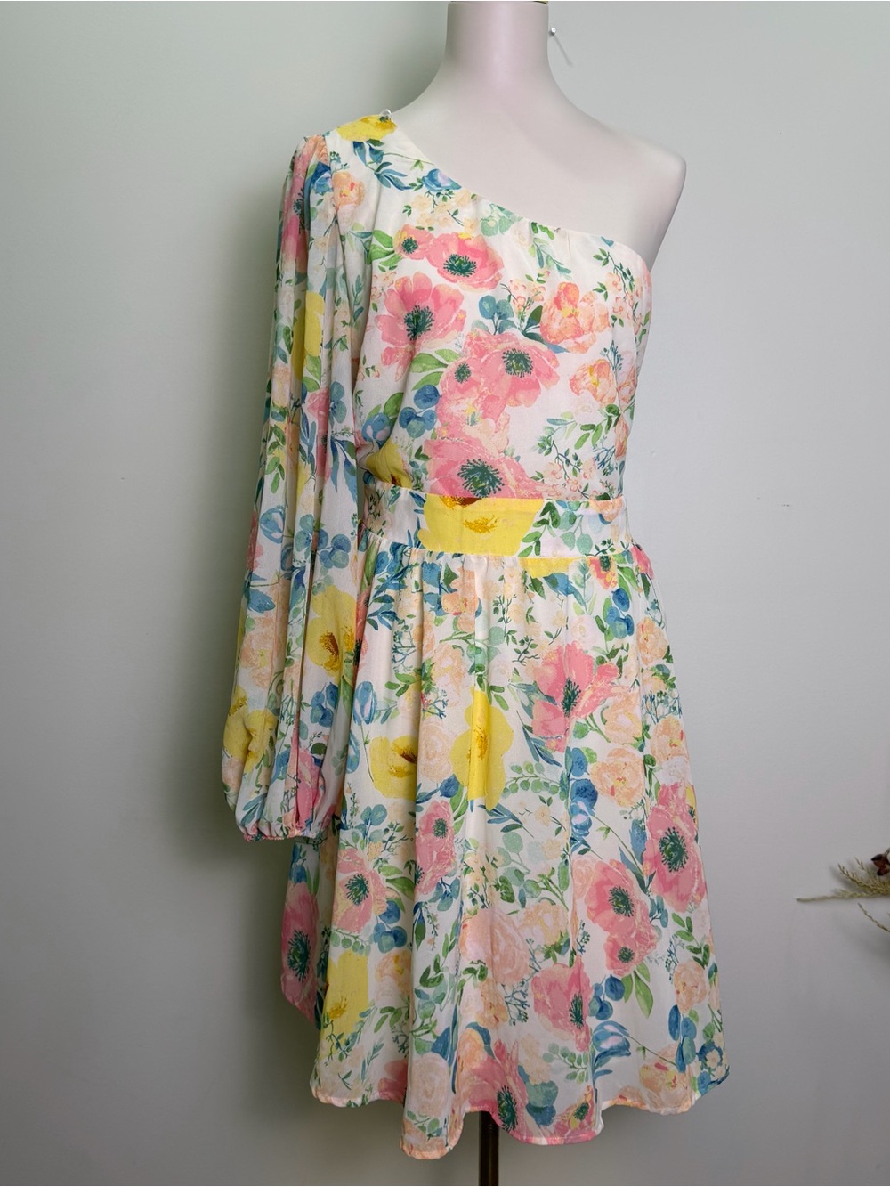 FLYING TOMATO Watercolor Floral One Shoulder Mini Dress Womens Large L Chiffon